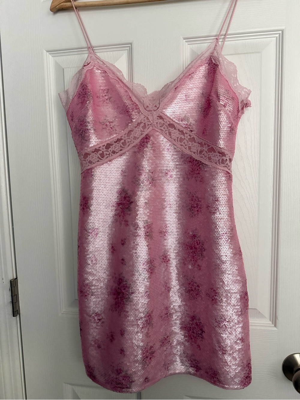 LoveShackFancy Pink Sequin Lace Slip Mini Dress
